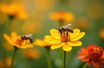 Bee pollinating vibrant yellow and orange flowers in a summer garden