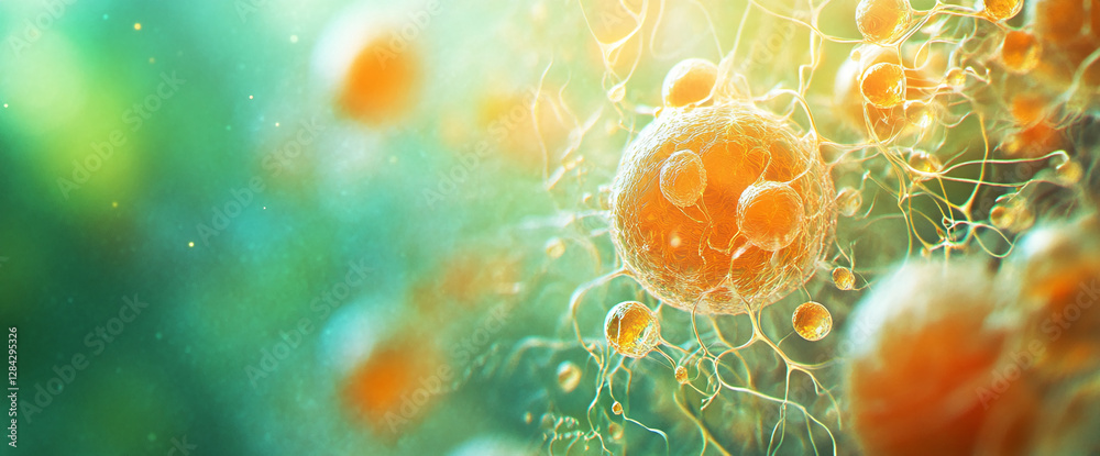 Poster close-up of cells and neurons with intricate network connections, showcasing a biological and scient