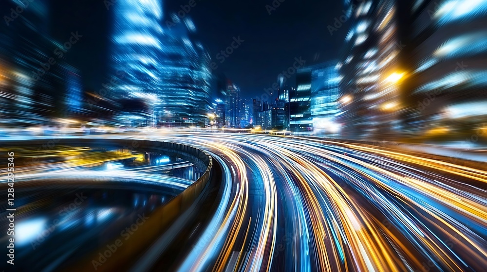 Poster dynamic motion blur of illuminated city streets at night creating a vibrant urban atmosphere : gener