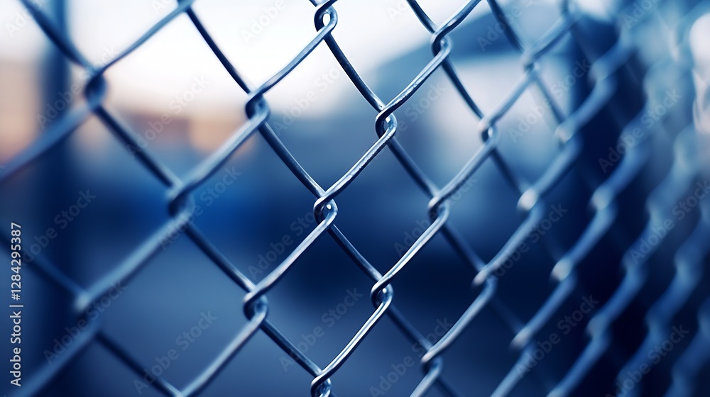 Poster close up view of a metallic chain link fence with a blurred background showcasing urban scenery : ge