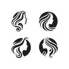 Stylized female profile, black and white silhouette, minimalist beauty icon, hair salon logo design