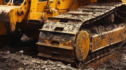 Detailed Close-Up of a Yellow Excavator Tread on Muddy Ground