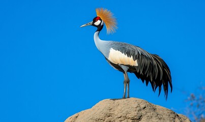 Obraz premium Crowned crane stands atop a rock, bright blue sky in the background, suitable for wildlife use