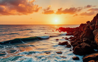 Naklejka premium Breathtaking view of the ocean waves crashing against rocky cliffs under a golden sunset sky