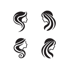 Stylized female profile, black and white silhouette, minimalist beauty icon, hair salon logo design