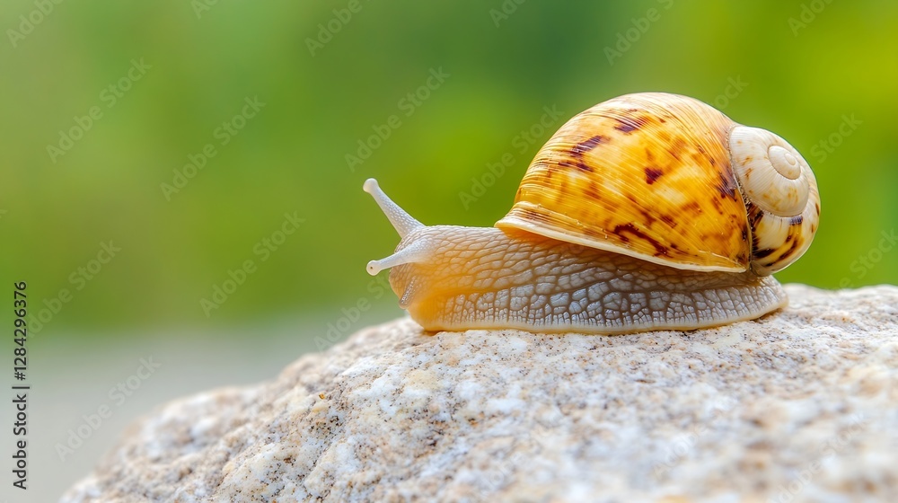 Poster closeup of a beautiful brown snail crawling on a rock against a soft focus green background : genera