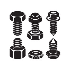 Detailed vector illustrations of bolts and screws,  minimalist graphic design, clean lines, isolated on white background