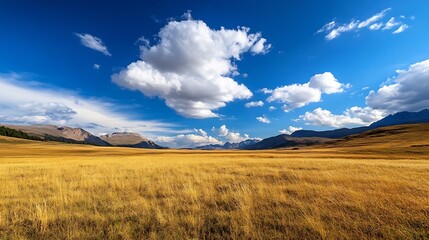 Obraz premium Expansive golden meadow under a bright blue sky with fluffy clouds creating a serene outdoor landscape : Generative AI