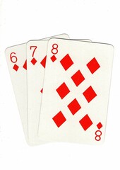 A hand of playing cards showing a run of three on a white background.