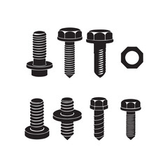 Detailed vector illustrations of bolts and screws,  minimalist graphic design, clean lines, isolated on white background