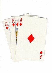A hand of playing cards showing a run of three on a white background.