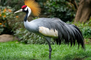 Fototapeta premium Crowned crane stands on grass with trees in a zoo; for wildlife nature posters
