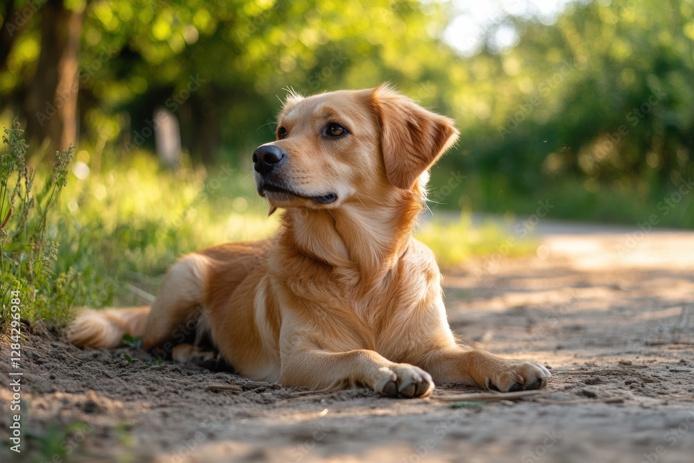 Poster golden retriever resting on a dirt path surrounded by greenery during a sunny afternoon. generative 