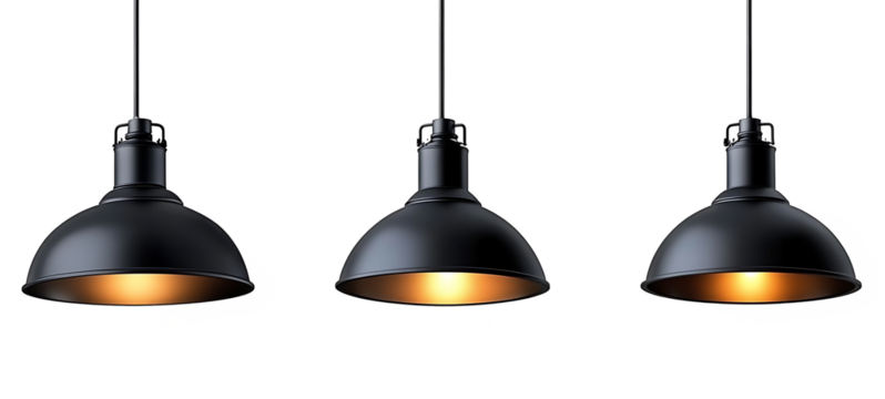 Set of modern black hanging lamps, isolated on transparent background. high resolution PNG file