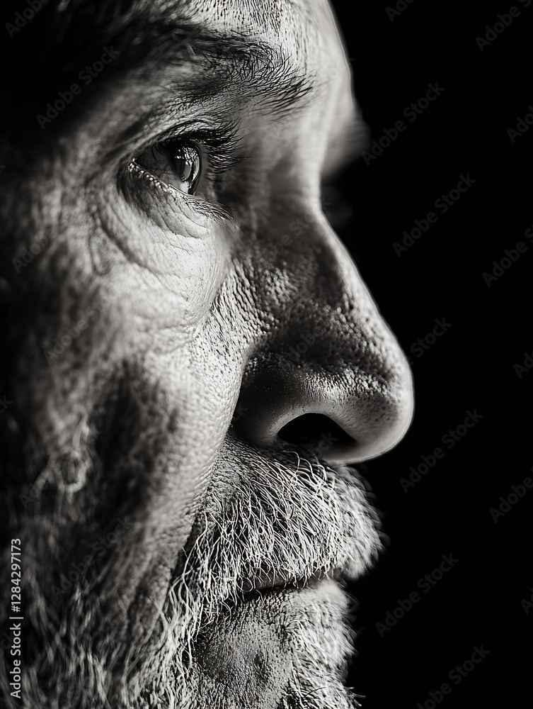 Poster thoughtful elderly man with deep lines and wrinkles captured in stunning black and white portrait : 