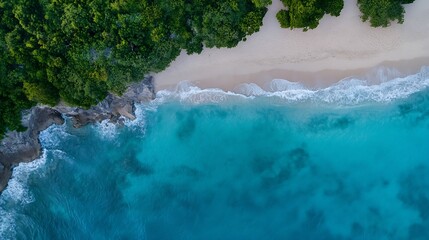 Stunning Aerial View of Crystal Clear Ocean Waves Gently Lapping Against a Serene Sandy Beach : Generative AI