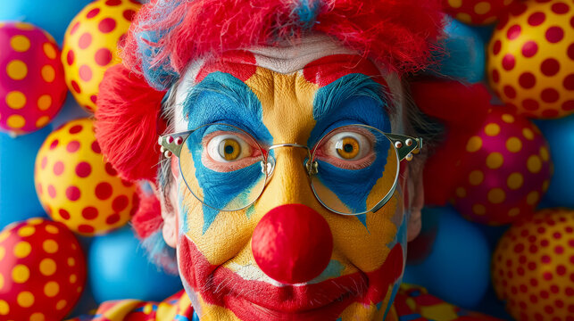 Clown with red, blue and yellow face paint and glasses