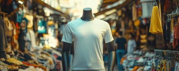 Fototapeta premium Mannequin wearing white t-shirt in bustling market with colorful clothing stalls in background