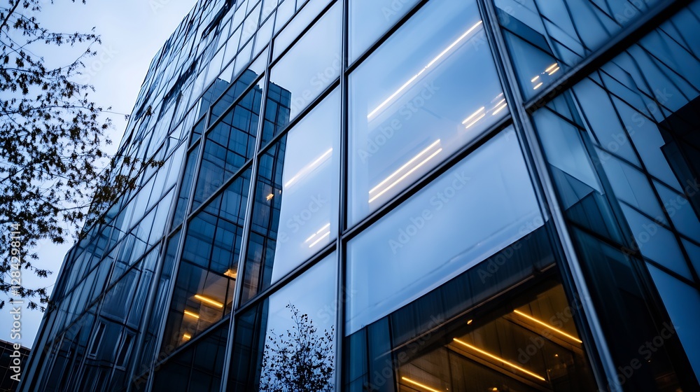 Poster Modern glass building reflecting the twilight sky with warm lights illuminating its sleek architecture : Generative AI