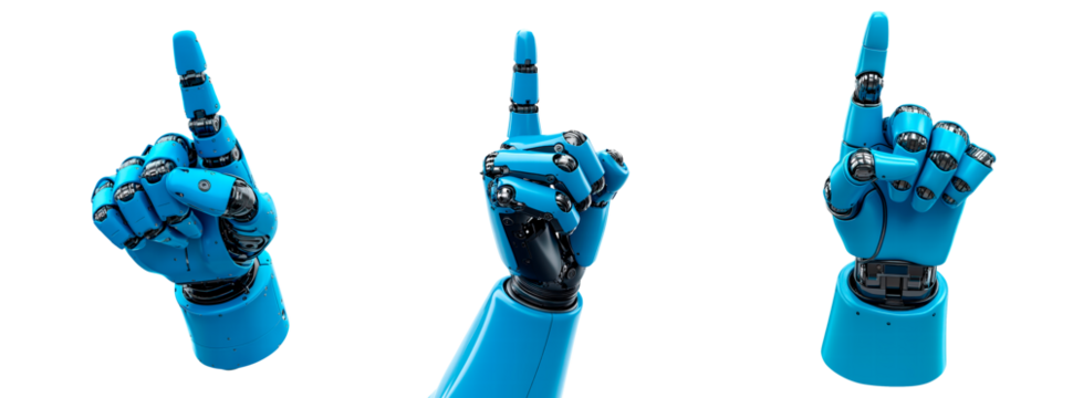 Set of blue robot hand finger pointing isolated on transparent background