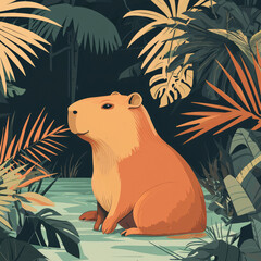 Cute capybara at jungle river at sunset, surrounded by lush tropical leaves. Animals inspired illustration captures wildlife beauty, perfect for prints, posters, branding.Generative ai