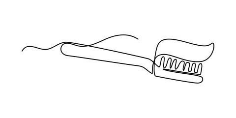 One Continuous Line Drawing of Toothbrush Icon. Single Line Vector Illustration, Continuous one line drawing of toothbrush and toothpaste, single line art toothbrush and toothpaste graphic vector.