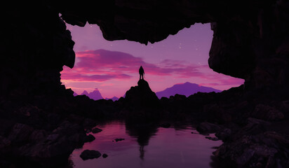 Silhouette Explorer in 3D Landscape with Stunning Sunset and Cave View