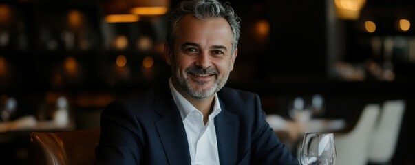 Mature caucasian male smiling in elegant restaurant setting