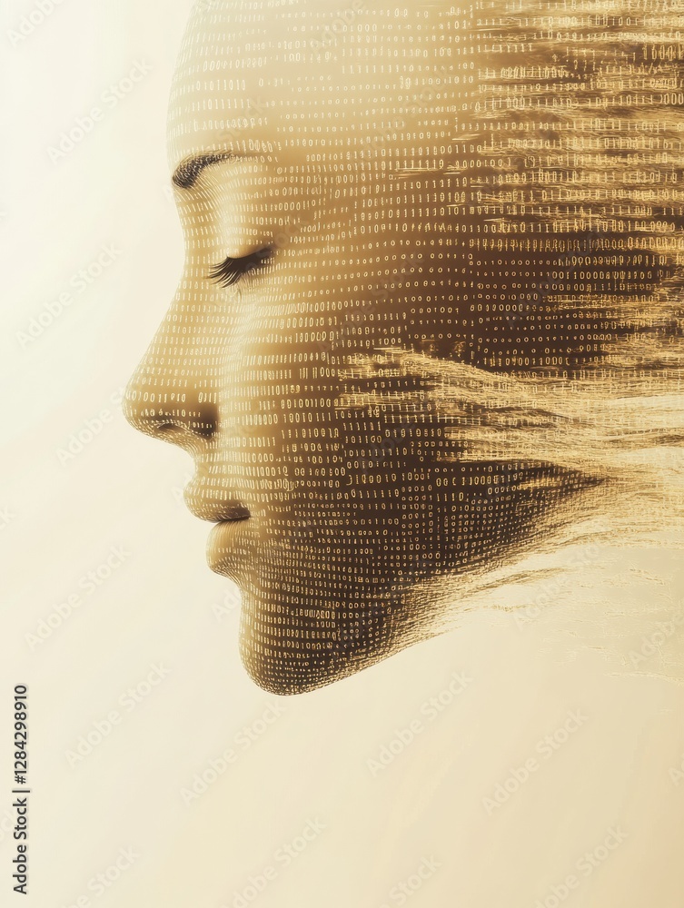 Aufkleber Human face dissolving into binary code representing futuristic AI concepts and digital identity transformation. Generative AI