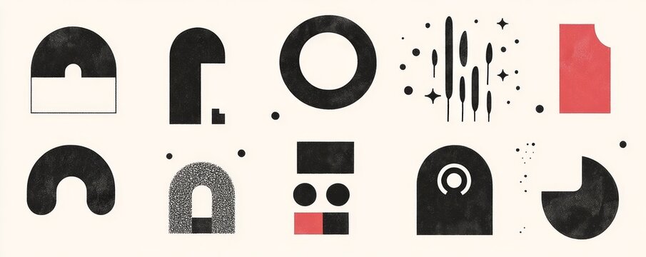 Scallop edge shapes - circle, square, arch, oval, modern brutalism forms. Retro vawe swiss design elements with frill border.  illustration of aesthetic futuristic memphis figures