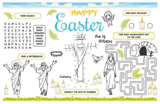 Festive placemat for children. Religious themed. Printable activity sheet "Happy Easter" with a labyrinth, connect the dots and find differences. 17x11 inch printable vector file