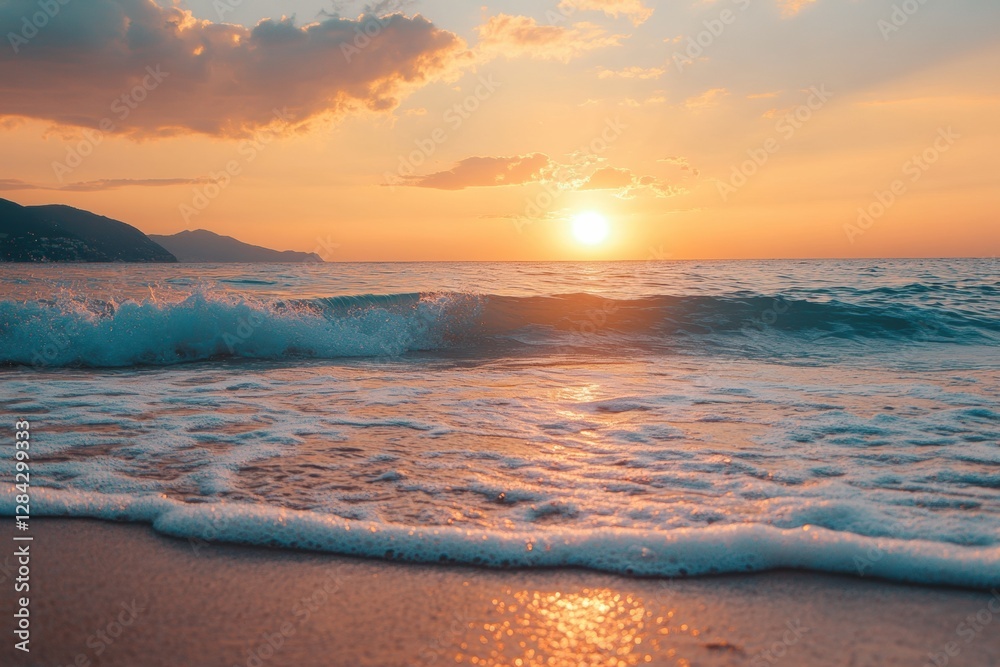 Aufkleber Sunset over the ocean with waves gently crashing along the sandy beach during a tranquil evening. Generative AI