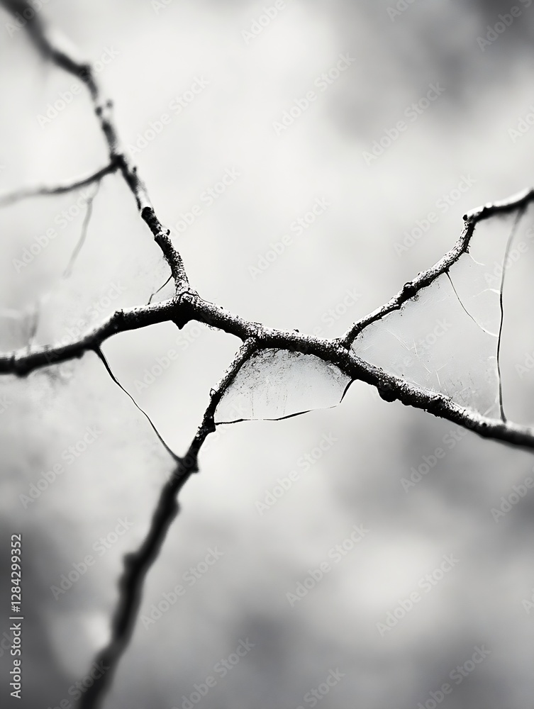 Poster Artistic close up of tree branches covered with delicate ice crystals in a cold atmosphere : Generative AI