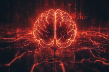 Visual representation of a glowing brain in a dark, cybernetic environment with dynamic light effects