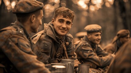 Group of smiling soldiers resting and eating in forest during war reenactment