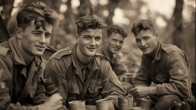 Group of smiling soldiers eating from mess tins during world war ii