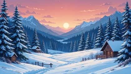 Fototapeta premium Serene sunset over snowy mountain landscape winter wonderland digital art