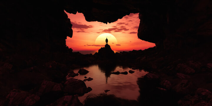 Fototapeta Silhouette of a Person Against a Sunset with Cave and Ocean Reflection