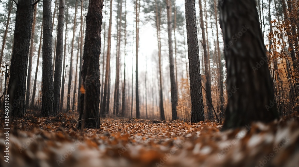 Poster Serene view of a tranquil forest trail leading through tall trees in autumn colors : Generative AI