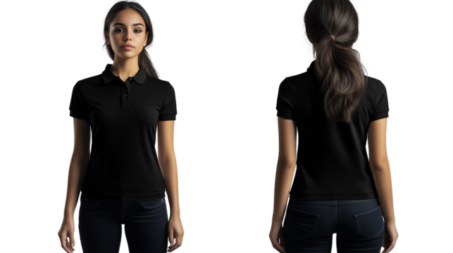 a black polo shirt mock up template for women isolated on a transparent background