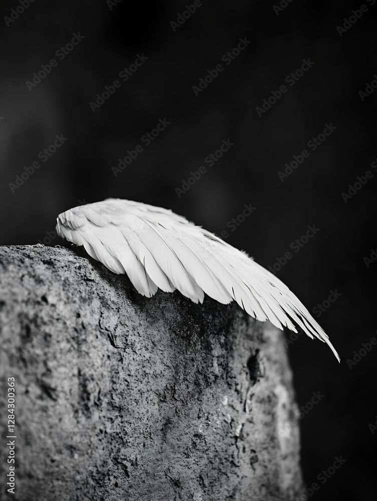 Poster Stunning close up of a delicate white wing resting on a weathered stone surface in black and white : Generative AI