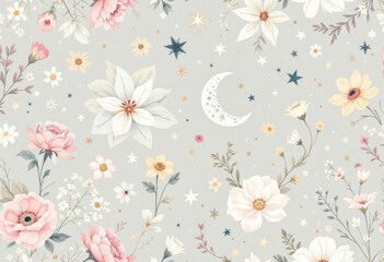 Delicate watercolor floral pattern with moon and star accents
