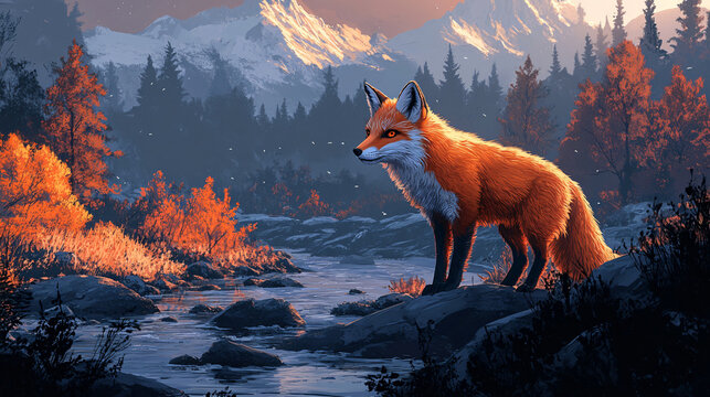 Fox standing on a rock in a stream at a high-tech nature reserve for endangered species conservation