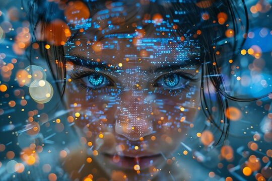 close-up shot of a young person's head with information and data exploding out, symbolizing the overwhelming amount of media and information they are exposed to in today's society.