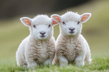 Obraz premium two adorable lambs with fluffy white wool standing on a green meadow. 