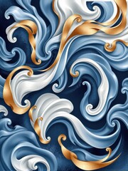 Fototapeta premium Elegant abstract smooth dynamic composition Digital artwork with flowing swirls and curves. Harmonious palette of deep blue, shimmering gold, and pure white, Royalty luxury vintage look. Invitation
