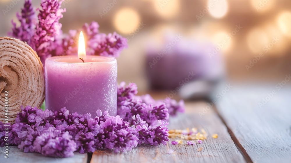 Poster relaxing lavender scented candle with soft towels and blossoms creating a spa ambiance : generative 