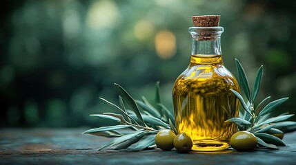 A bottle of olive oil with olives and leaves, rustic and warm, soft focus, natural light