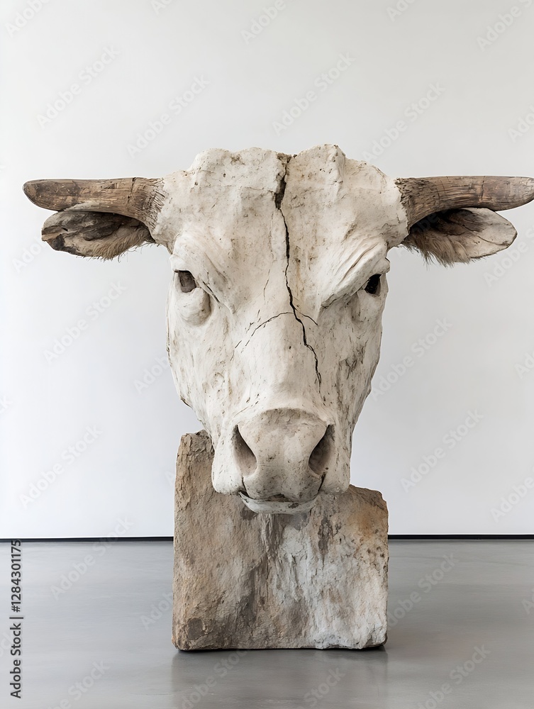 Poster artistic sculpture of a bull's head made from aged materials showcasing intricate texture and detail