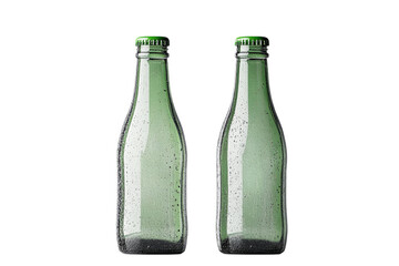 Green glass bottles with condensation in sunlight